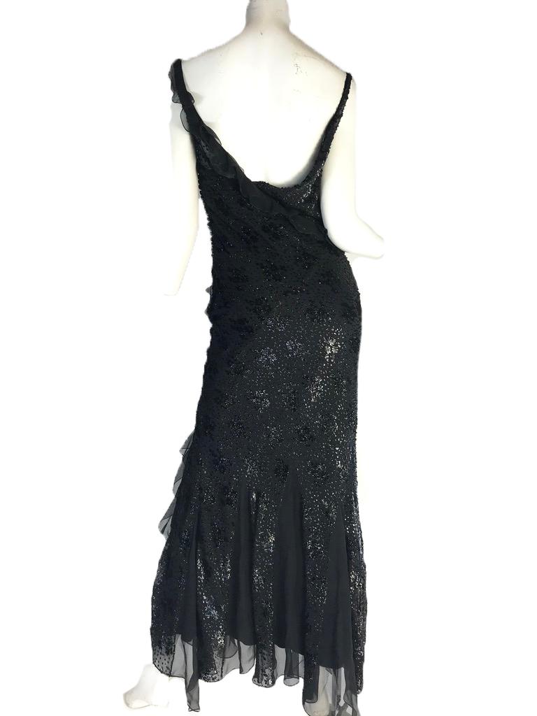 Christian Dior by John Galliano black silk evening gown. Ruffle trim and button closures on side. Size M / US 6 

37