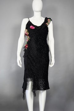 Vintage CHRISTIAN DIOR by JOHN GALLIANO Velvet Flower Embellished Dress