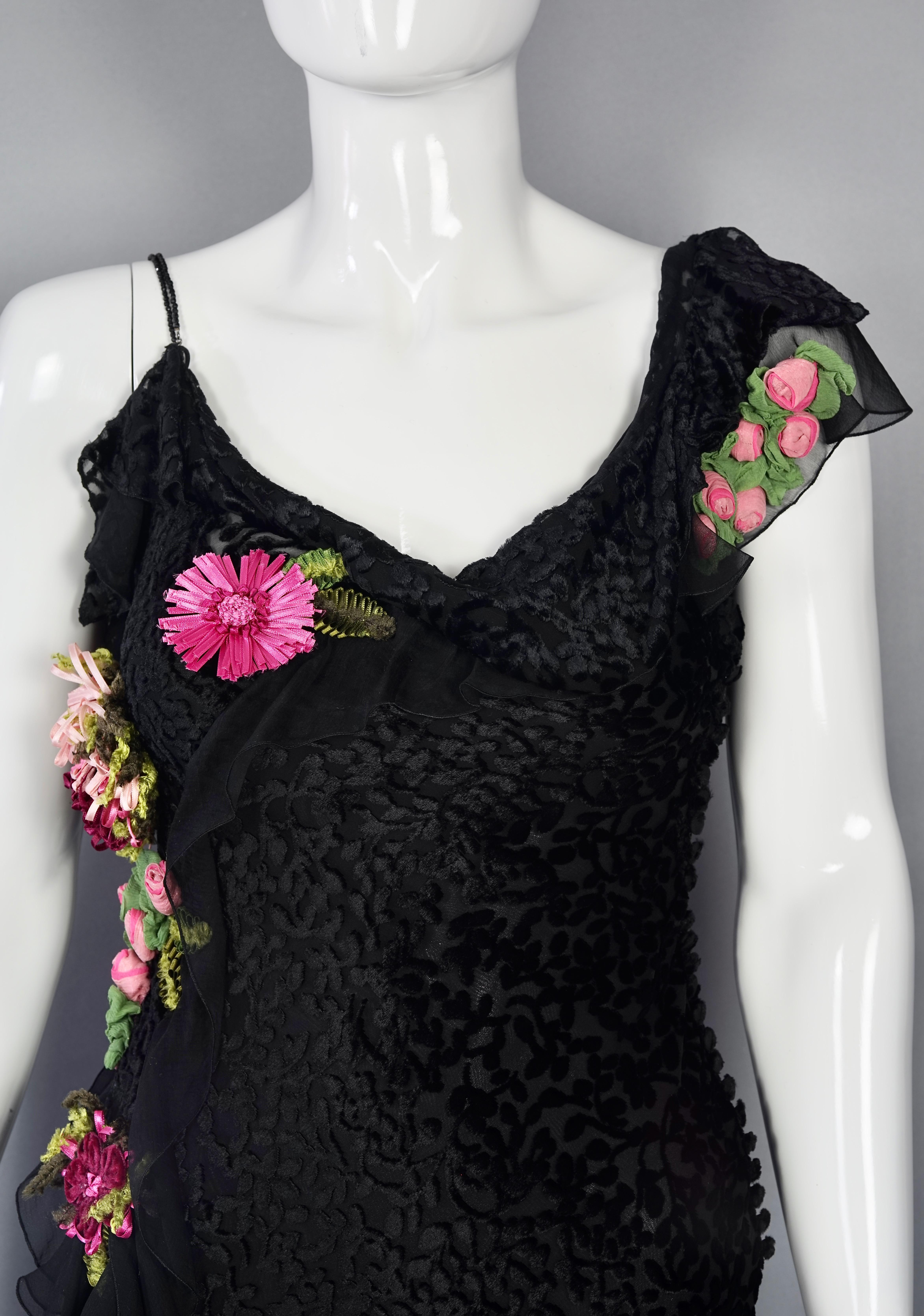 Black Vintage CHRISTIAN DIOR by JOHN GALLIANO Velvet Flower Embellished Dress For Sale