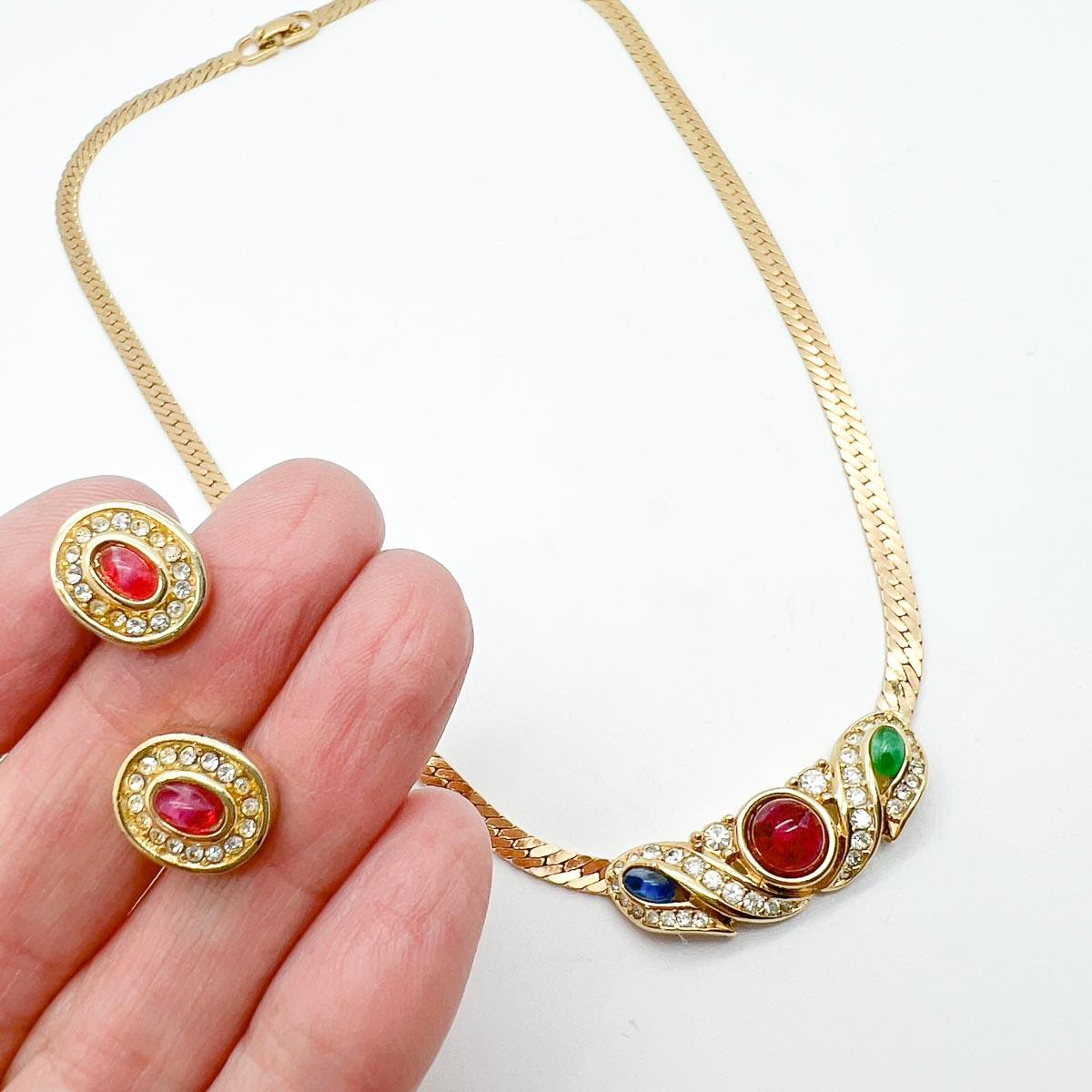 Women's Vintage Christian Dior Cabochon Jewelled Necklace & Earrings 1980s For Sale