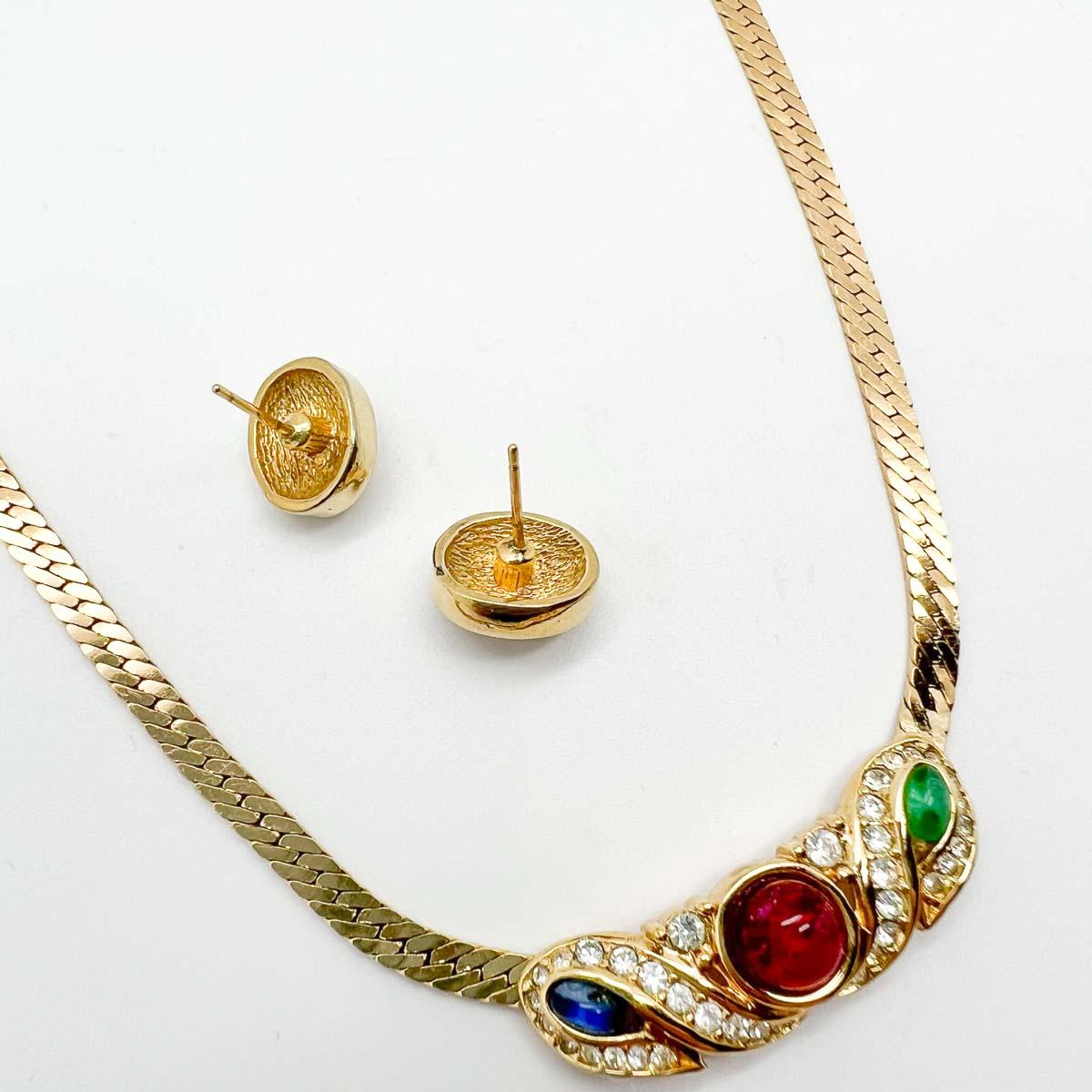 Vintage Christian Dior Cabochon Jewelled Necklace & Earrings 1980s For Sale 2