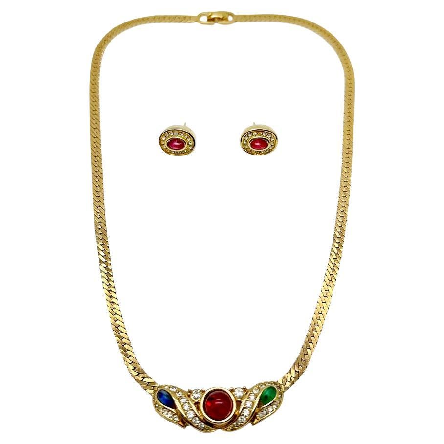 Vintage Christian Dior Cabochon Jewelled Necklace & Earrings 1980s For Sale