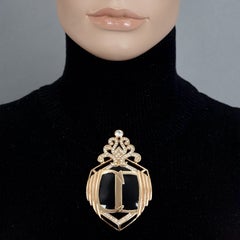 Vintage CHRISTIAN DIOR CD Logo Art Deco Style Black Enamel Rhinestone Brooch