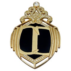 Vintage CHRISTIAN DIOR CD Logo Art Deco Style Black Enamel Rhinestone Brooch