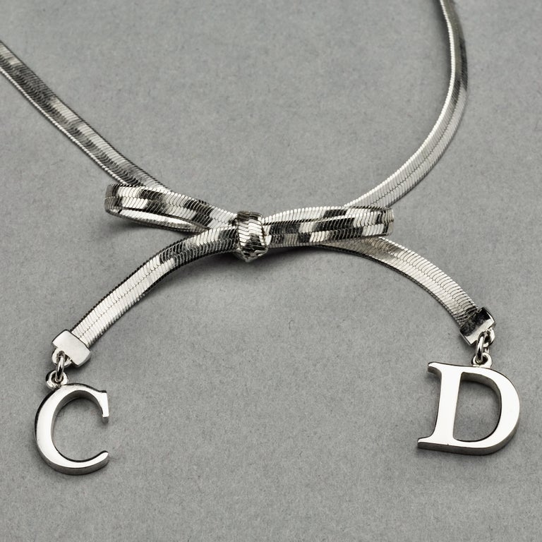 Vintage CHRISTIAN DIOR CD Logo Bow Silver Necklace For ...
