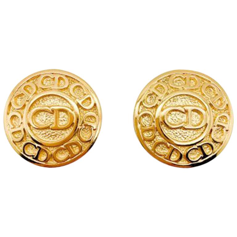 Vintage Christian Dior CD Logo Button Earrings 1990s For Sale