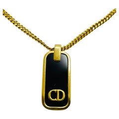 Vintage CHRISTIAN DIOR CD logo gold plated enamel chain tag runway necklace