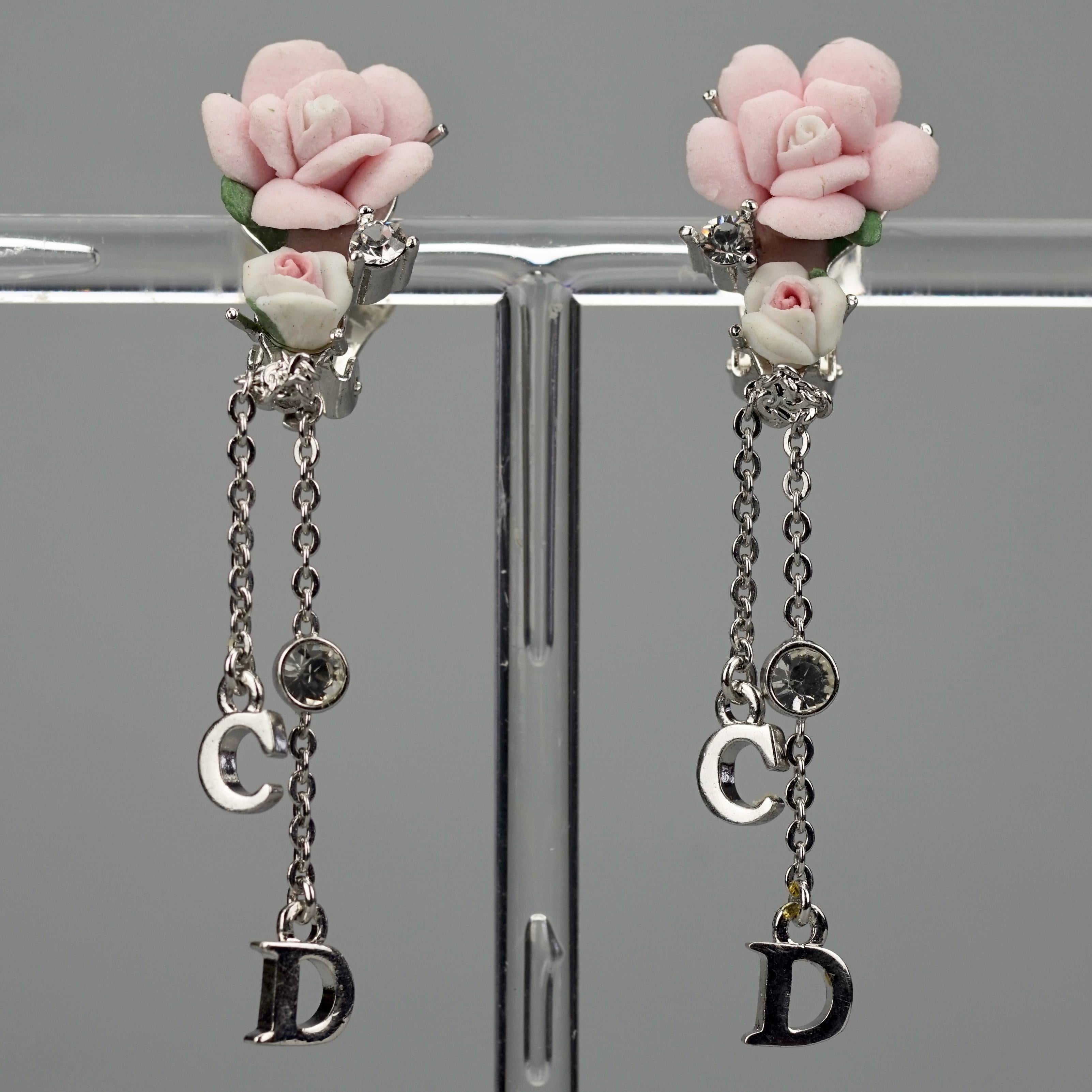Vintage CHRISTIAN DIOR CD Logo Pastel Flower Rhinestone Dangling Earrings In Good Condition For Sale In Kingersheim, Alsace