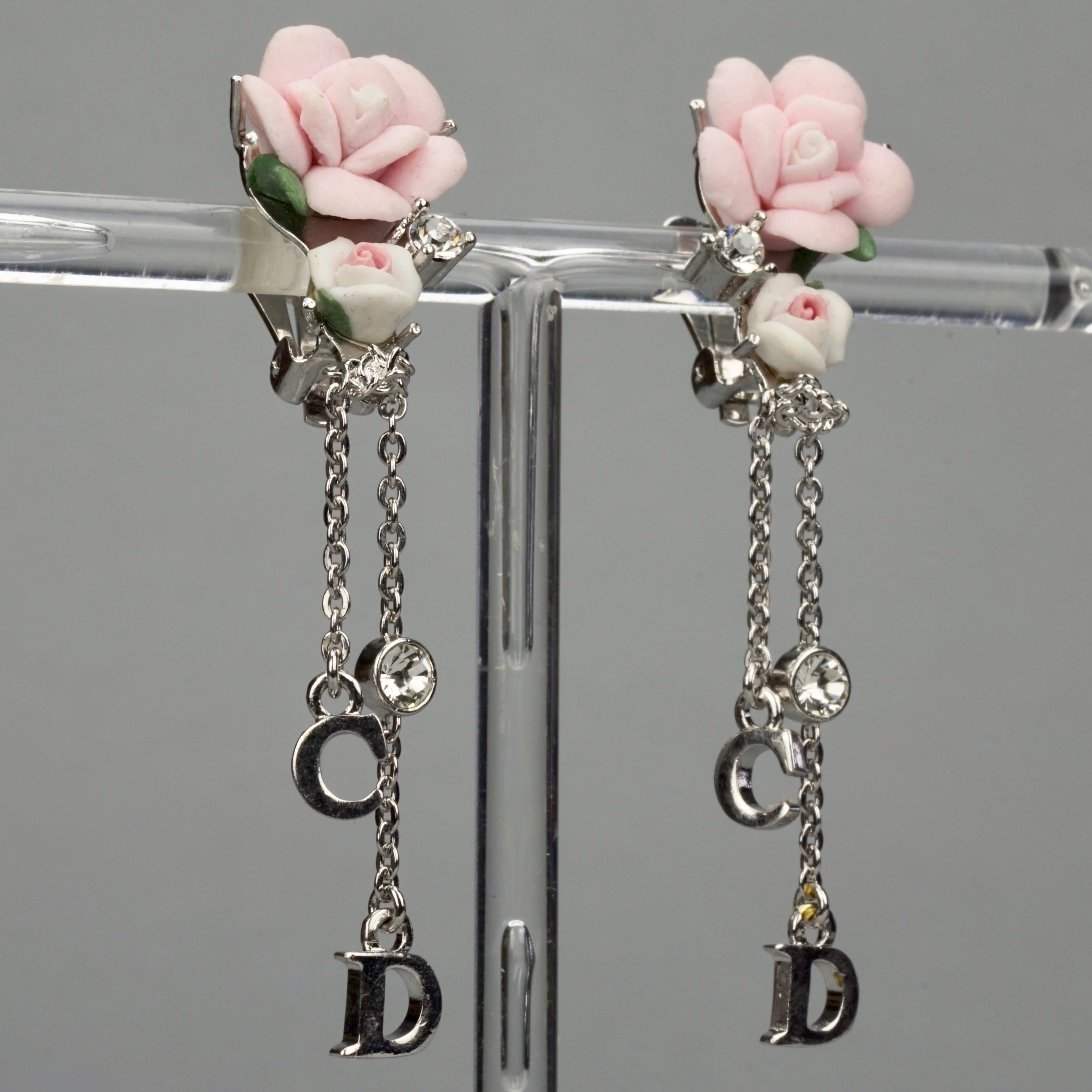 Vintage CHRISTIAN DIOR CD Logo Pastel Flower Rhinestone Dangling Earrings 1