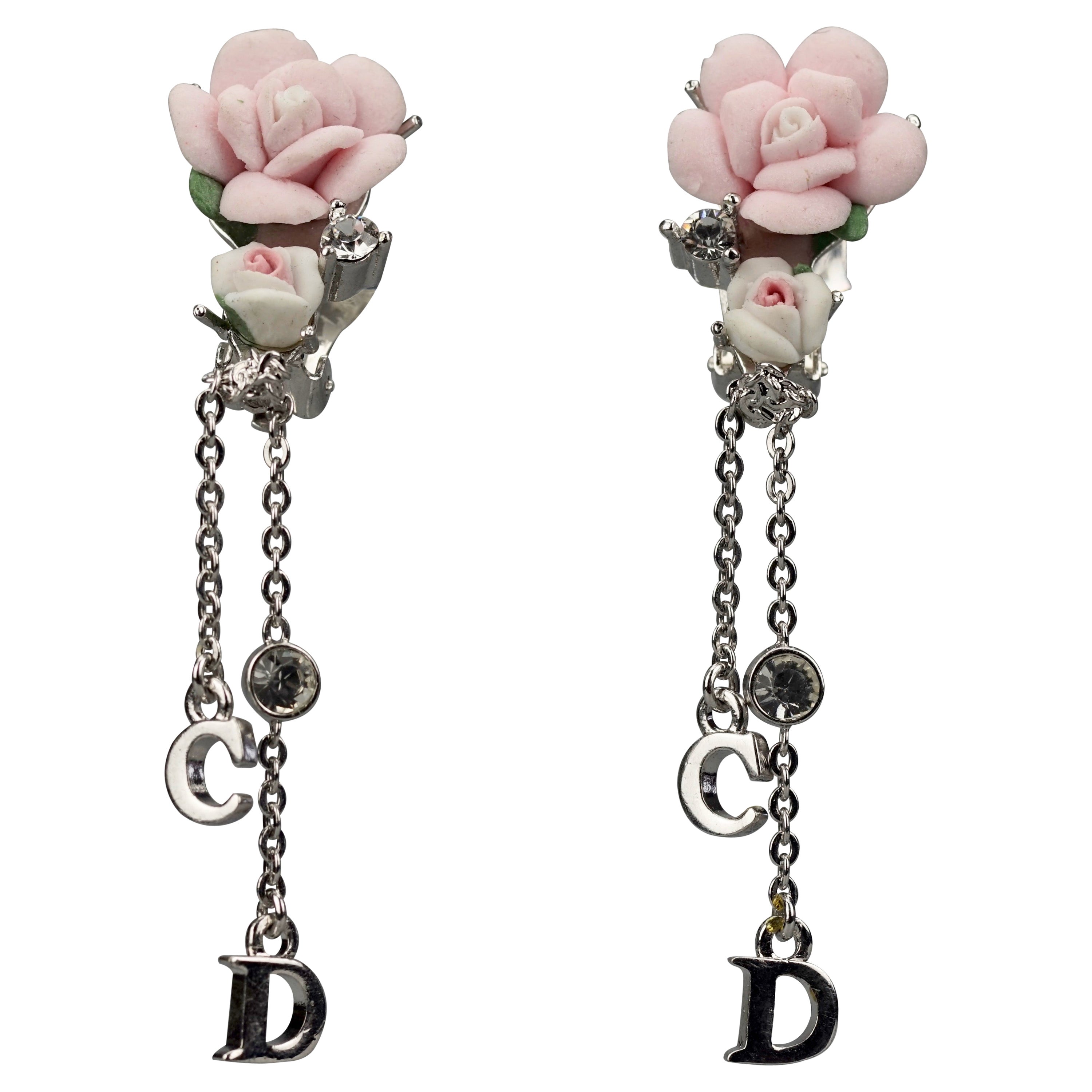 Vintage CHRISTIAN DIOR CD Logo Pastel Flower Rhinestone Dangling Earrings For Sale