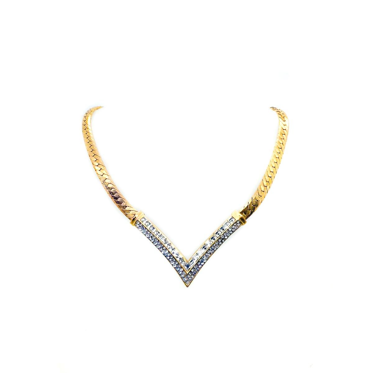 Women's Vintage Christian Dior Chunky Crystal V Necklace 1980s For Sale