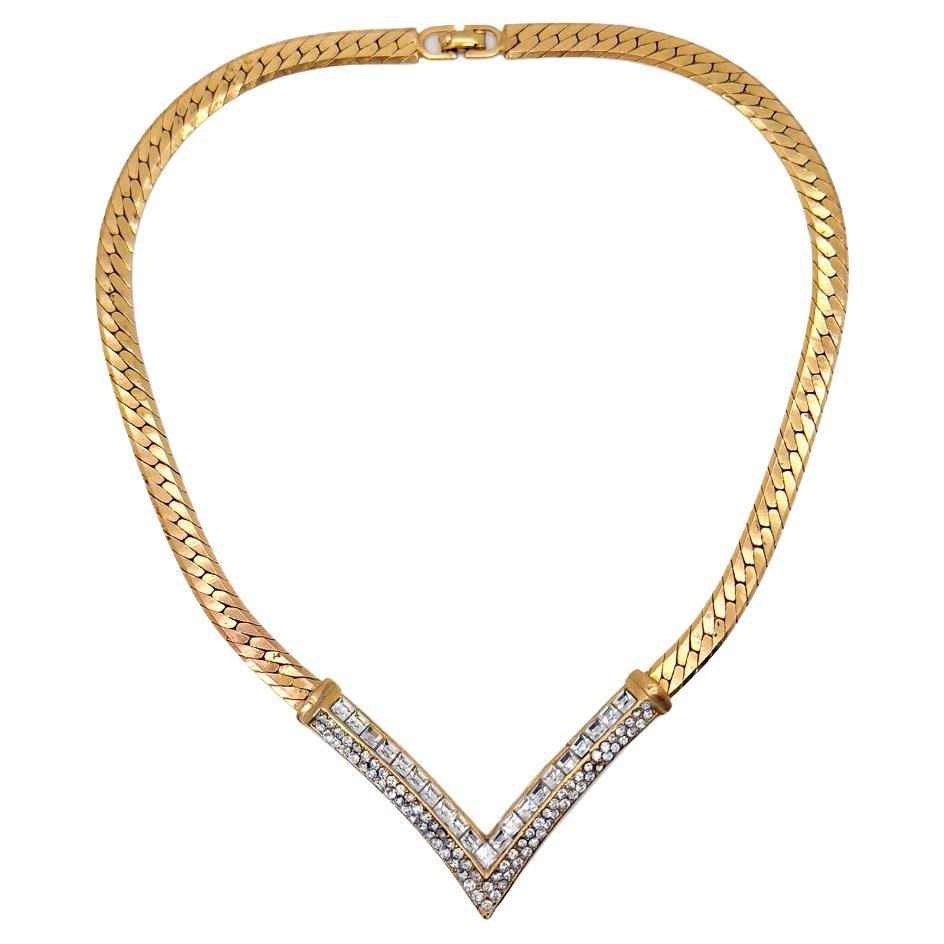 Vintage Christian Dior Chunky Crystal V Necklace 1980s For Sale