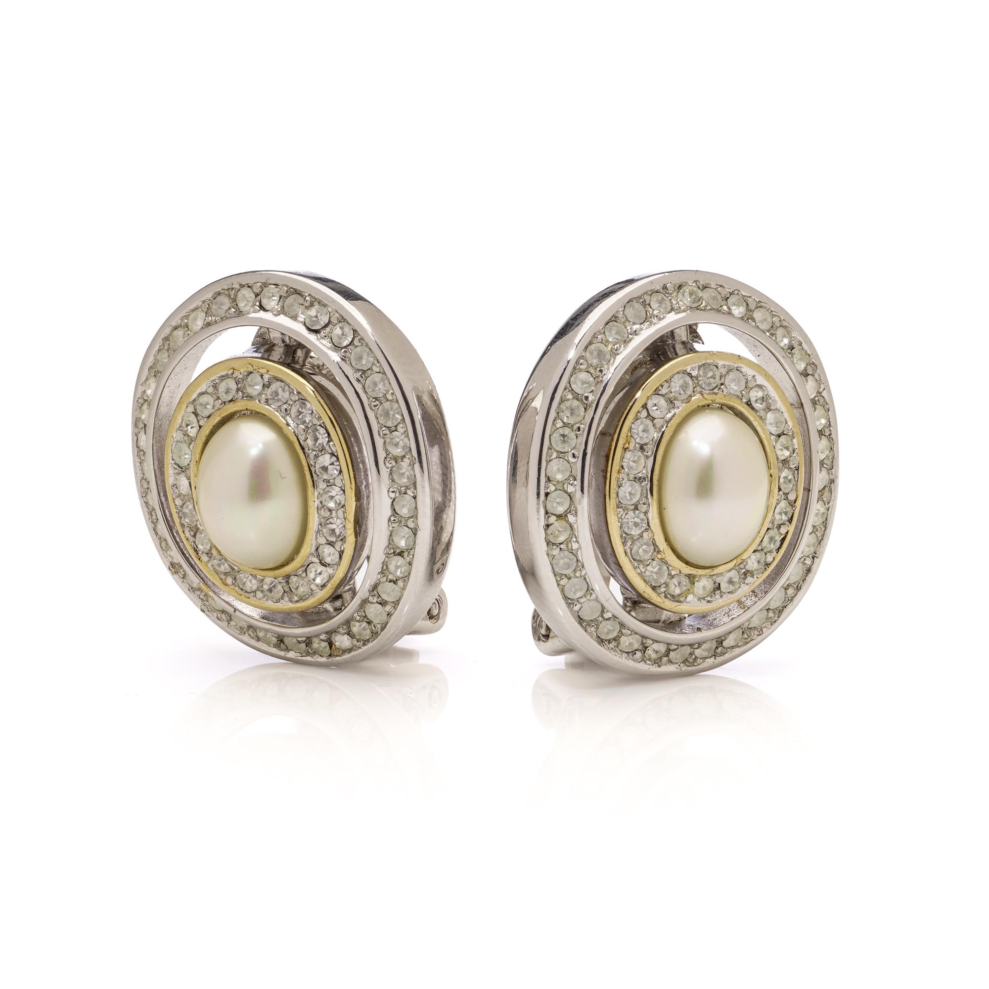 Vintage Christian Dior Clip-On Earrings with Crystal and Faux Pearl, circa 1980s For Sale 1