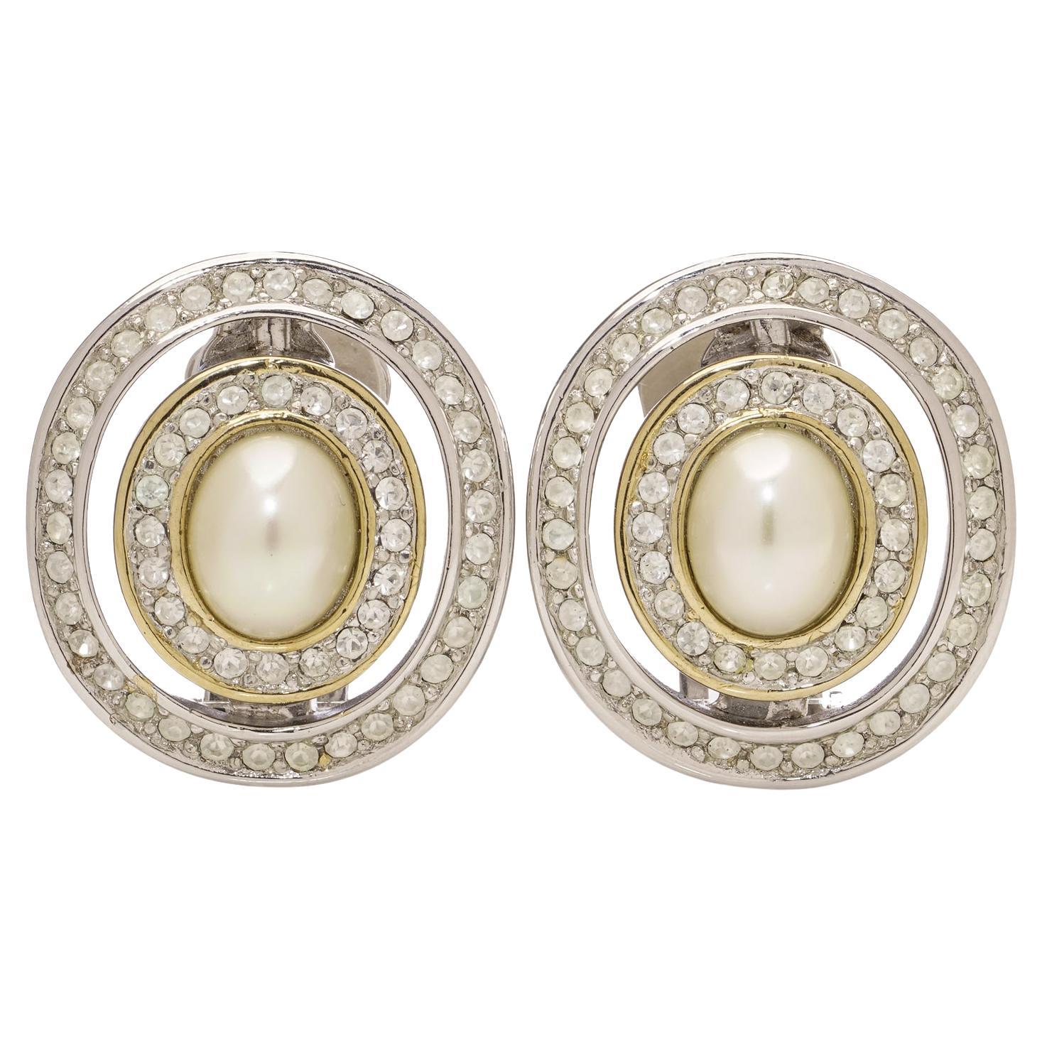 Vintage Christian Dior Clip-On Earrings with Crystal and Faux Pearl, circa 1980s