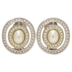 Vintage Christian Dior Clip-On Earrings with Crystal and Faux Pearl, circa 1980s