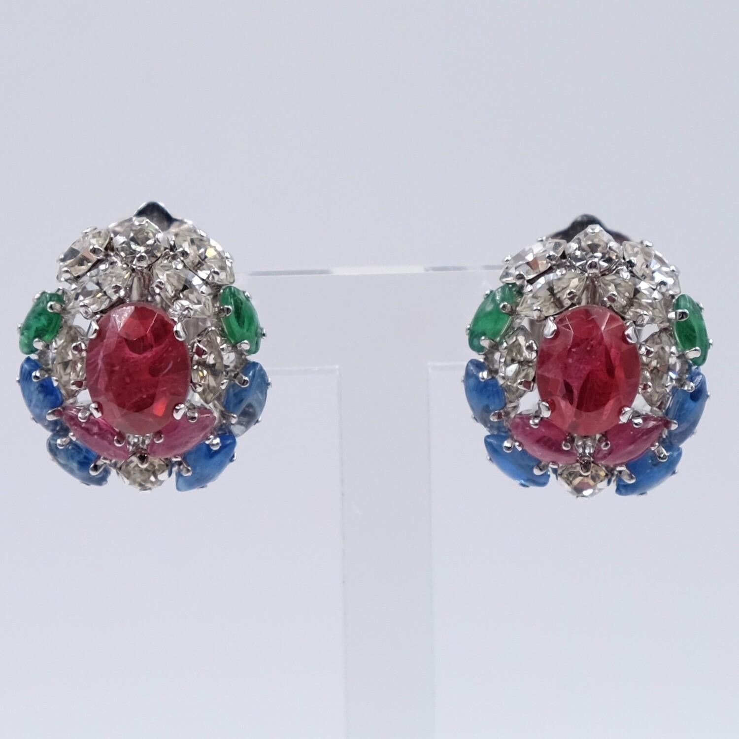 Vintage Christian Dior Clip-on Earrings With Crystals and Rhinestones 1970's In Good Condition In Austin, TX