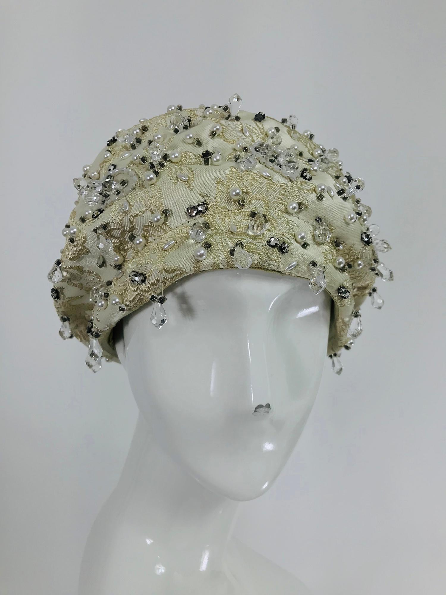 Gray Vintage Christian Dior Cream Brocade Beaded Turban Hat 1960s