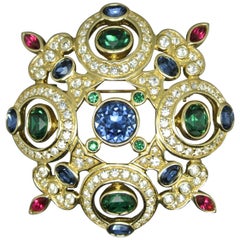 Vintage Christian Dior Cross Blue Green Crystal Brooch