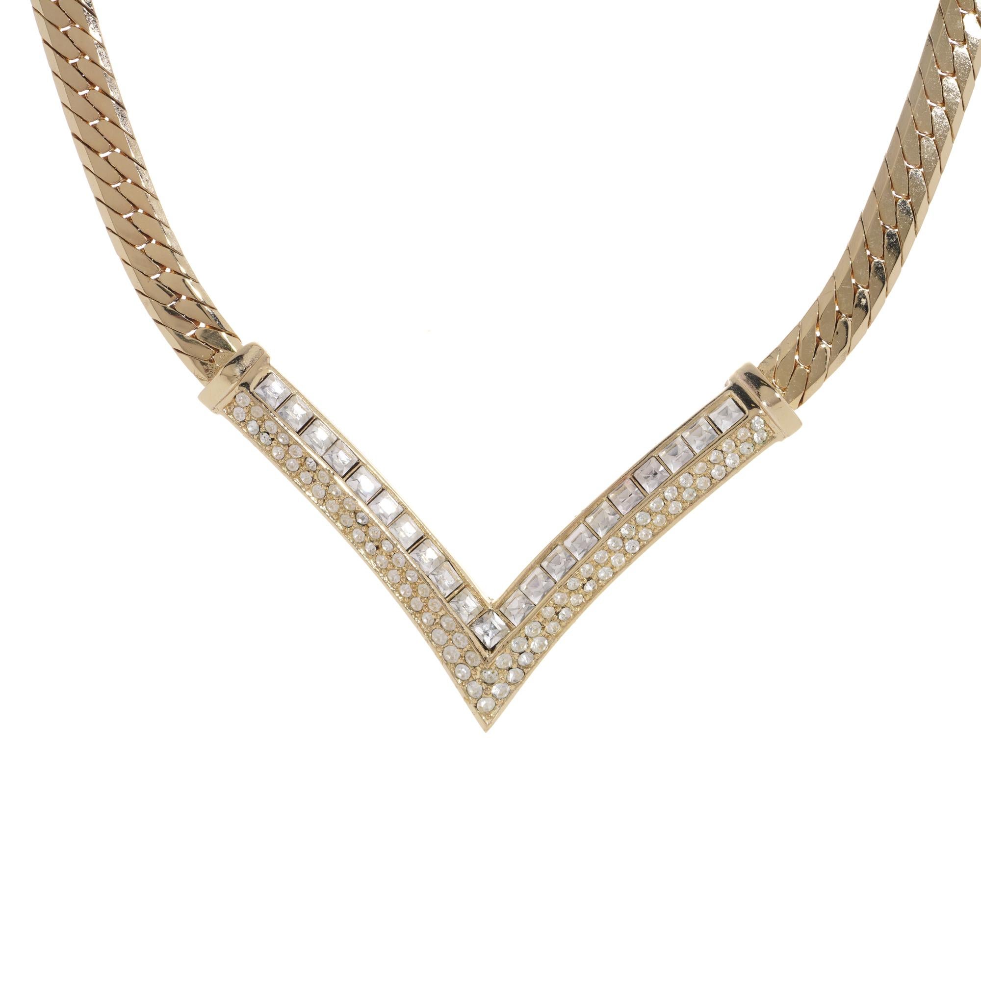 Round Cut Vintage Christian Dior Crystal Arrow Triangle Pendant Collar Necklace For Sale