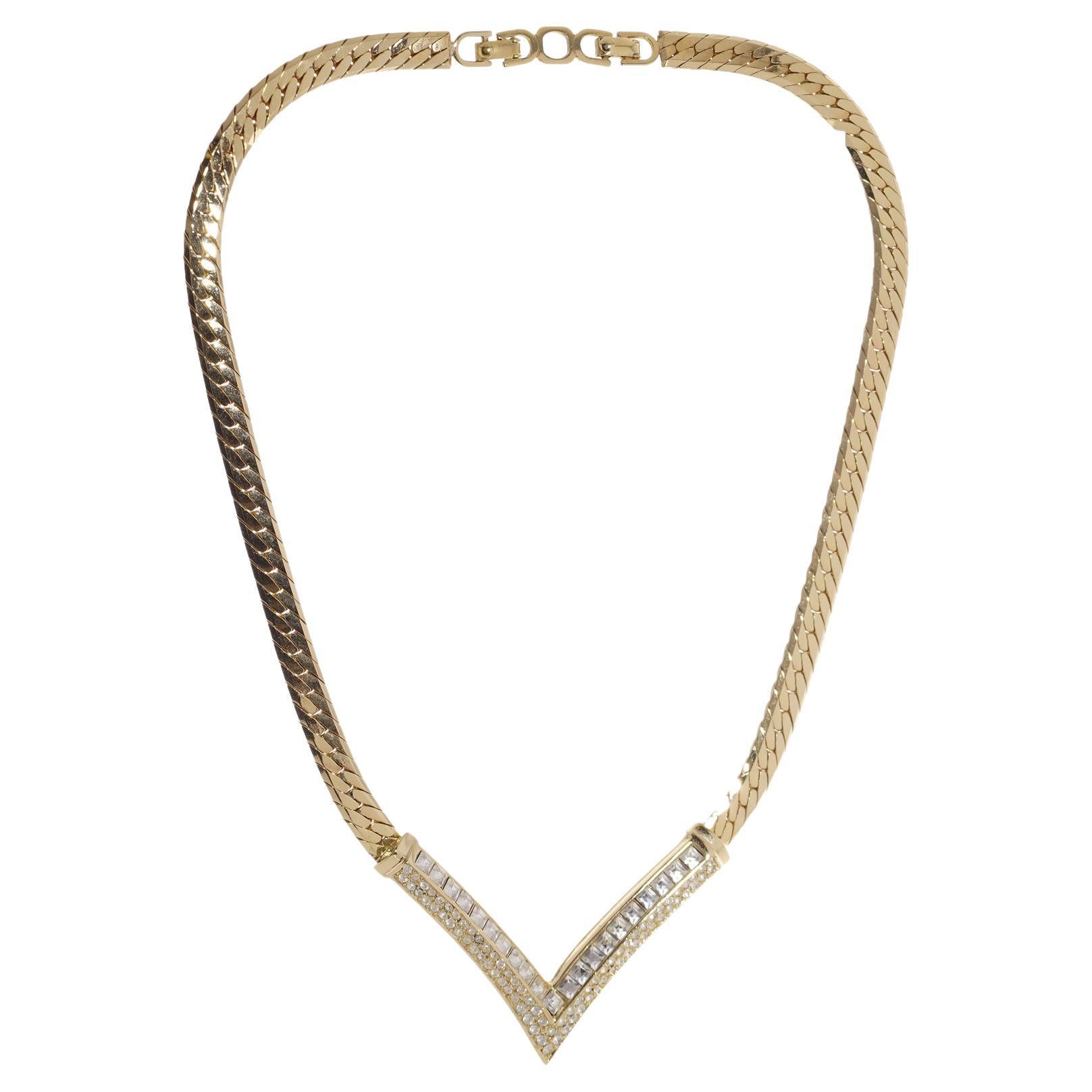 Vintage Christian Dior Crystal Arrow Triangle Pendant Collar Necklace For Sale