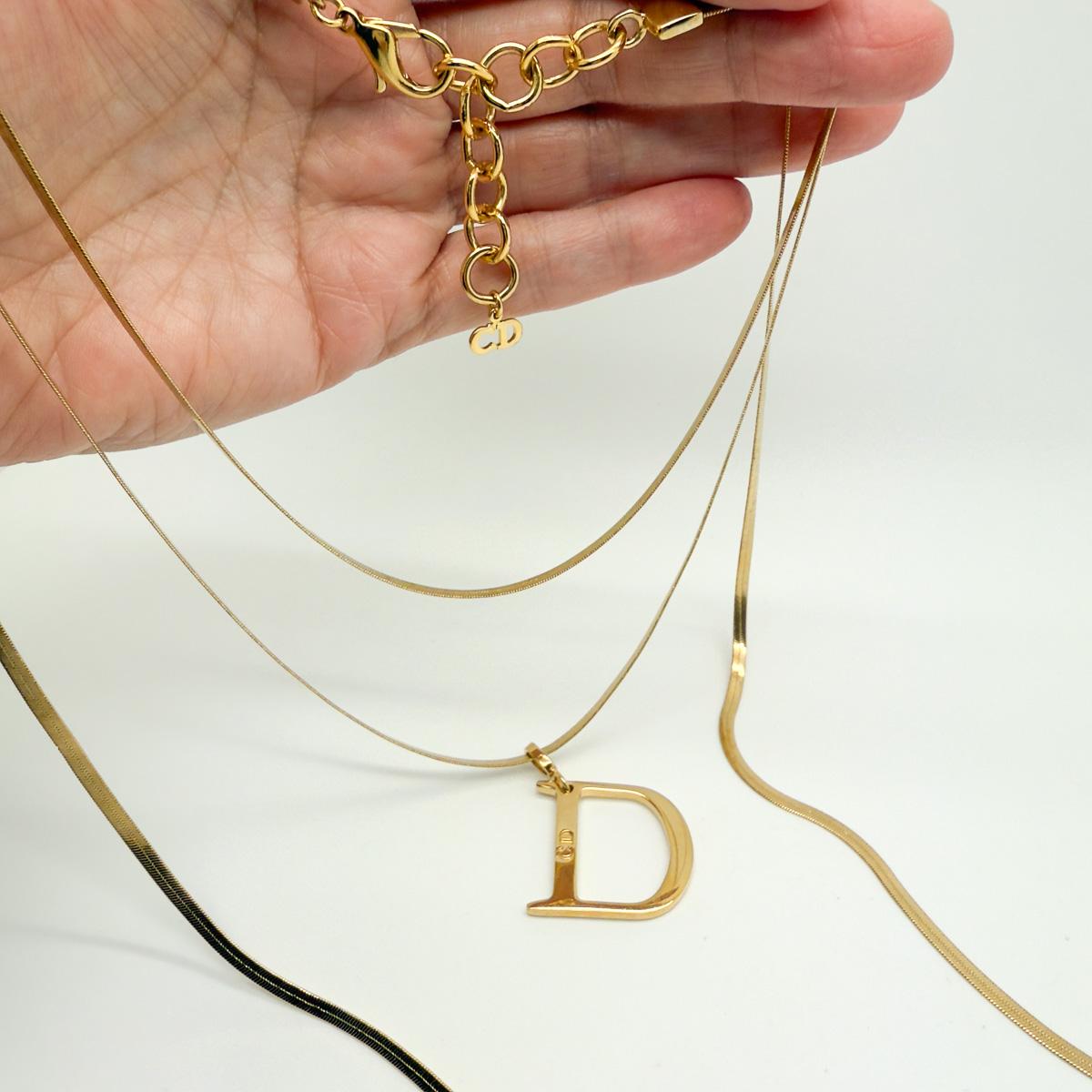 Vintage Christian Dior D Drop Triple Snake Chain Necklace 1980s For Sale 1