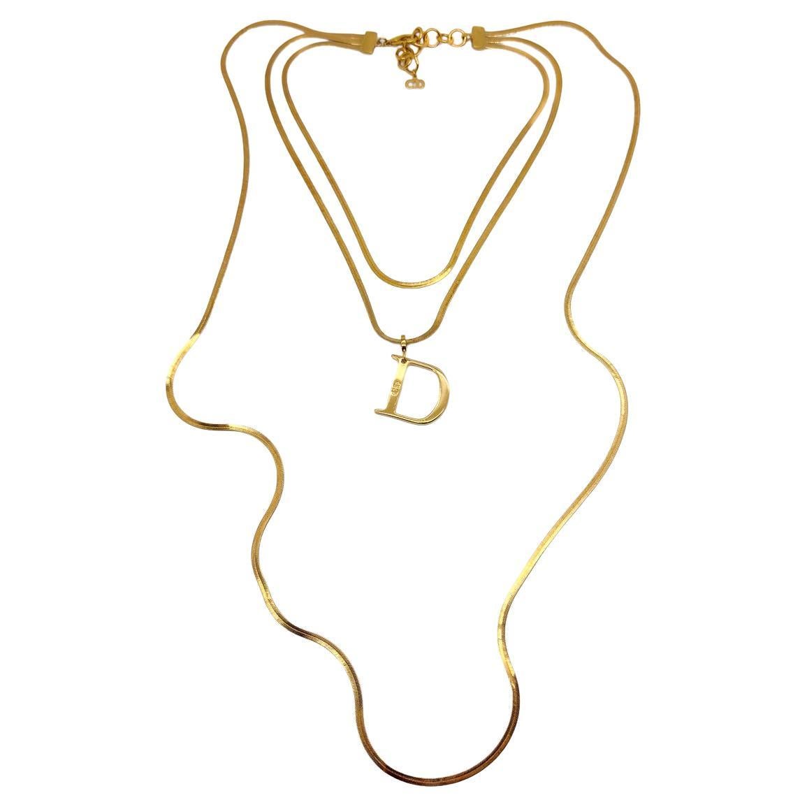 Vintage Christian Dior D Drop Triple Snake Chain Necklace 1980s For Sale