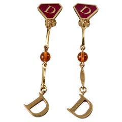 Vintage CHRISTIAN DIOR D Logo Enamel Charm Glass Bead Dangling Earrings