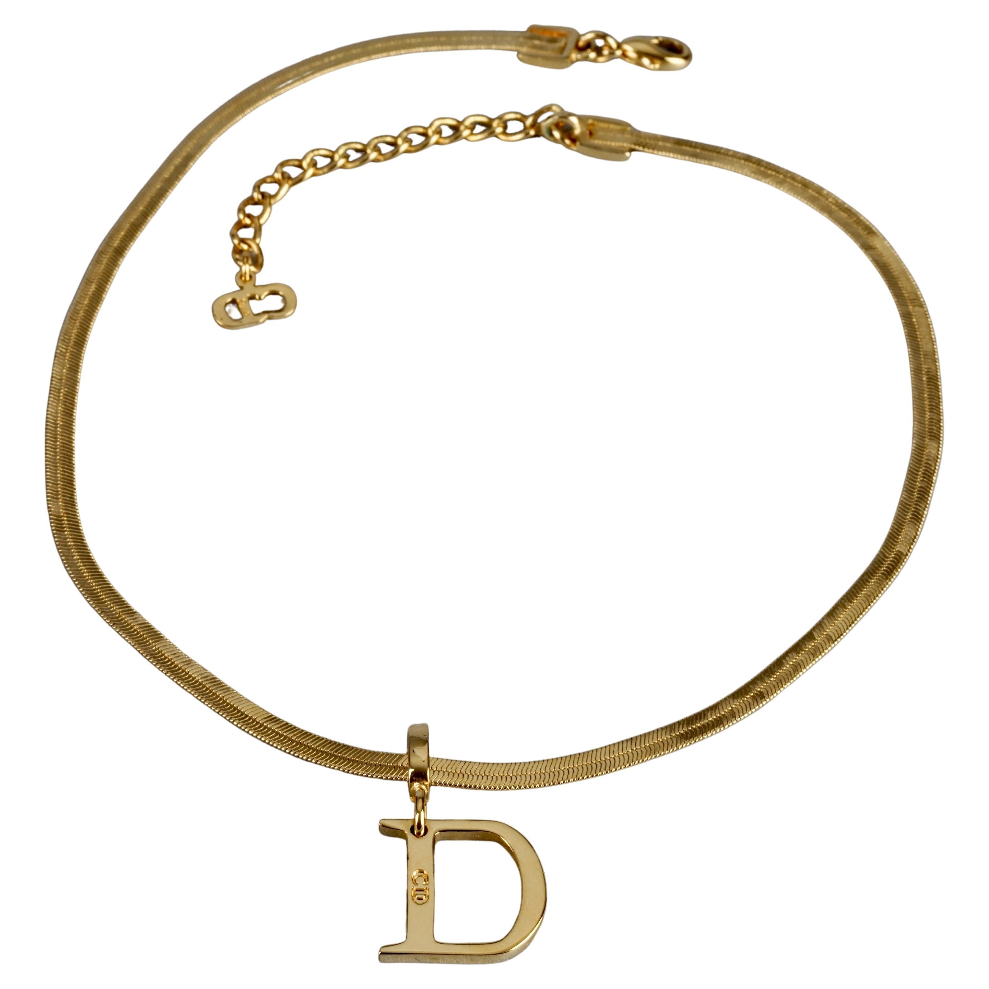 Vintage CHRISTIAN DIOR D Logo Pendant Snake Chain Necklace For Sale