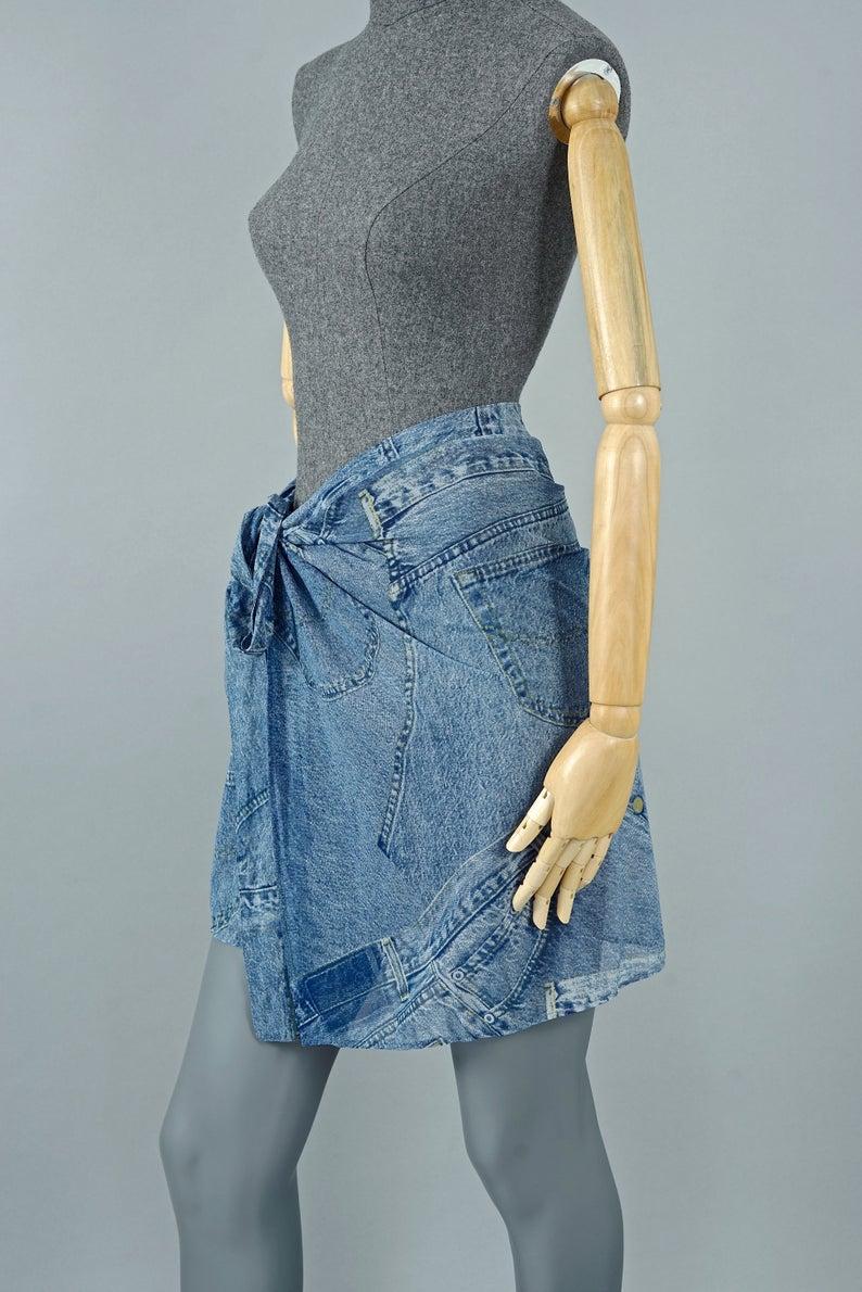 Blue Vintage CHRISTIAN DIOR Denim Print Swimsuit Pareo Wraparound Skirt
