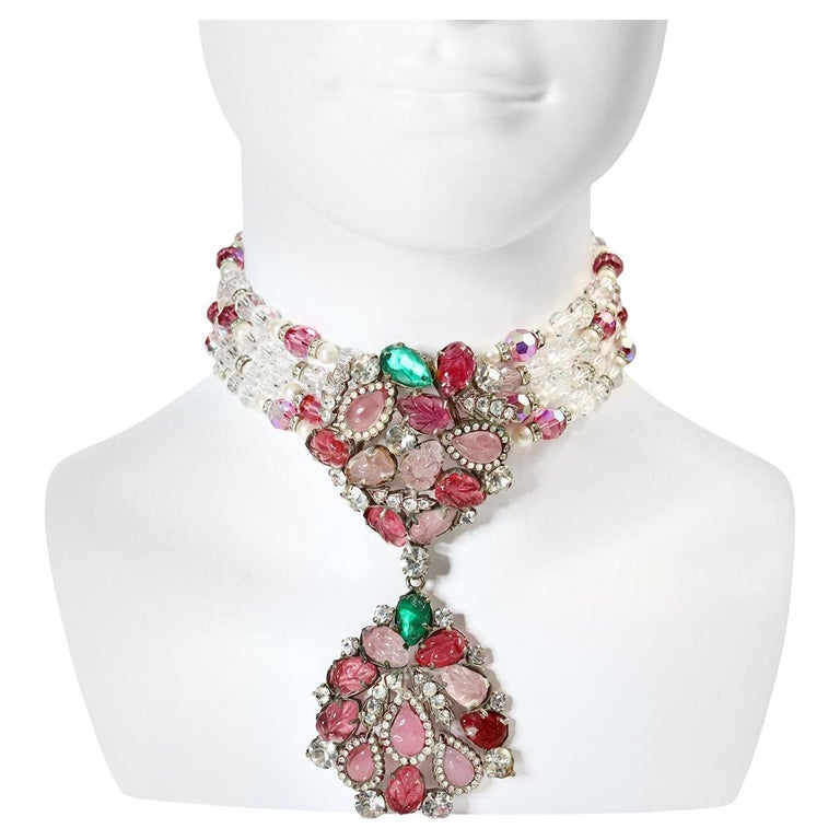 Vintage Christian Dior Diamante, Cabochons,Crystals,Faux Pearls Necklace.  There are so many gorgeous elements of this necklace that  it is hard to describe in one sitting as each look brings something new.  This is an unsigned piece from Dior. We