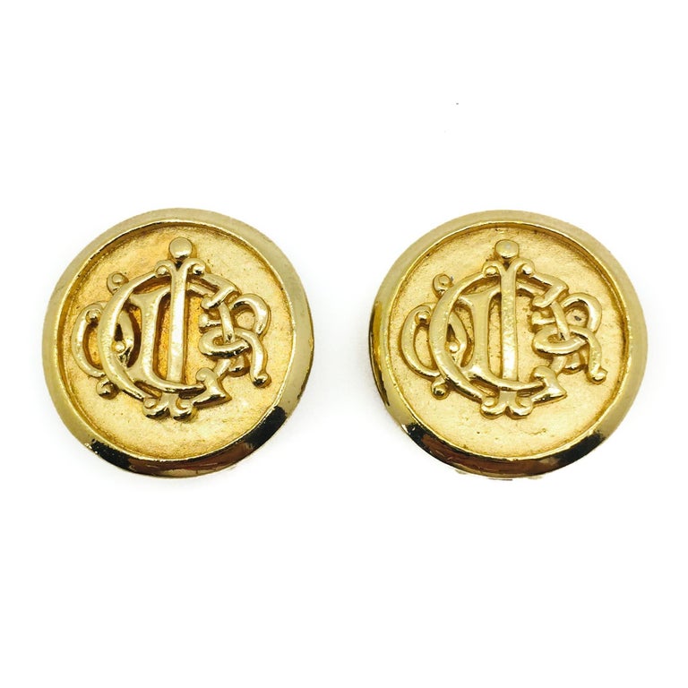 Vintage Christian Dior Earrings Gold Interlocking Style Monogram 1980s