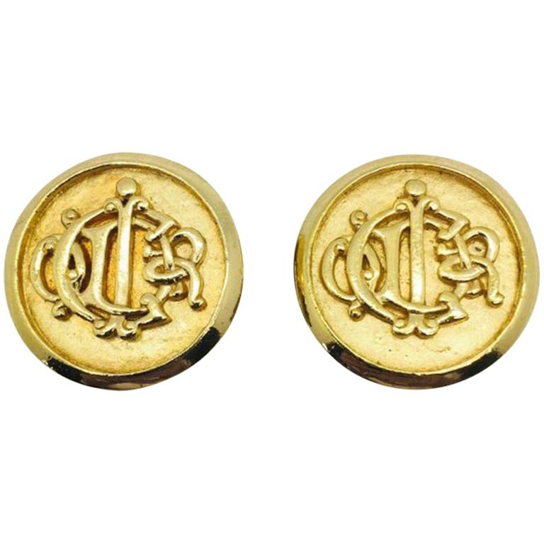 Vintage Christian Dior Earrings Gold Interlocking Style Monogram 1980s