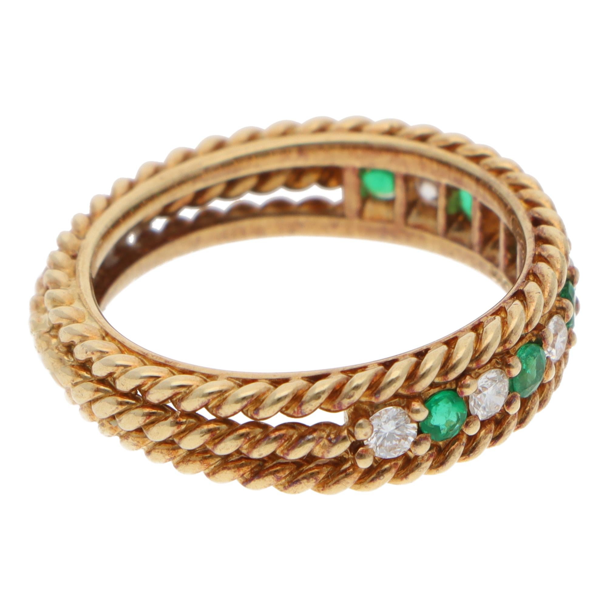 Brilliant Cut Vintage Christian Dior Emerald and Diamond Rope Ring in Yellow Gold