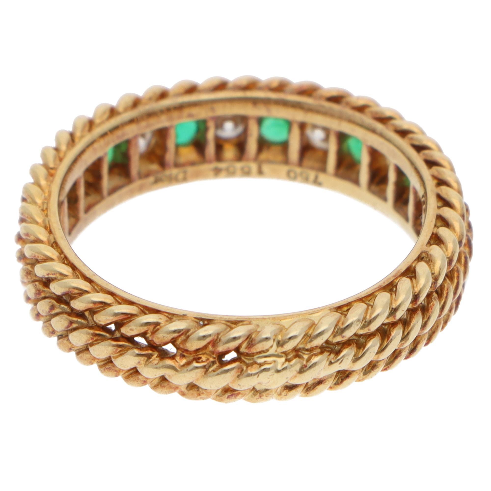 Vintage Christian Dior Emerald and Diamond Rope Ring in Yellow Gold In Excellent Condition In London, GB