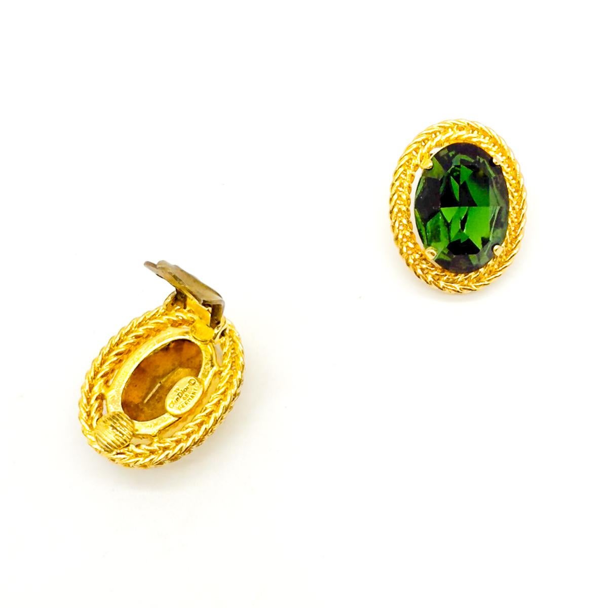 Vintage Christian Dior Emerald Crystal Earrings 1968 In Good Condition For Sale In Wilmslow, GB
