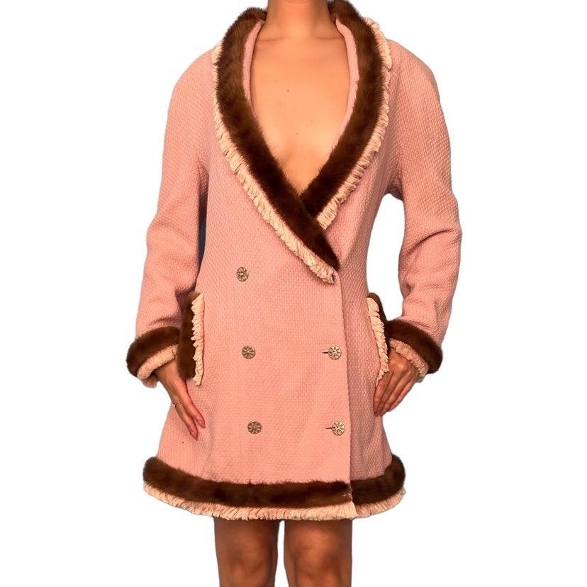 Vintage Christian Dior Fall 1997 Pink Jacket Dress with Mink Trim
Waist when buttoned up 36”
Hips 44” 
Length 31” 
Made in France
Excellent condition
