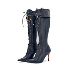 Vintage Christian Dior Fall 2000 CD Croc Emboss Pointed Toe Knee High Boots 37.5