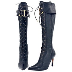 Vintage Christian Dior Fall 2000 CD Croc Emboss Pointed Toe Knee High Boots 37.5