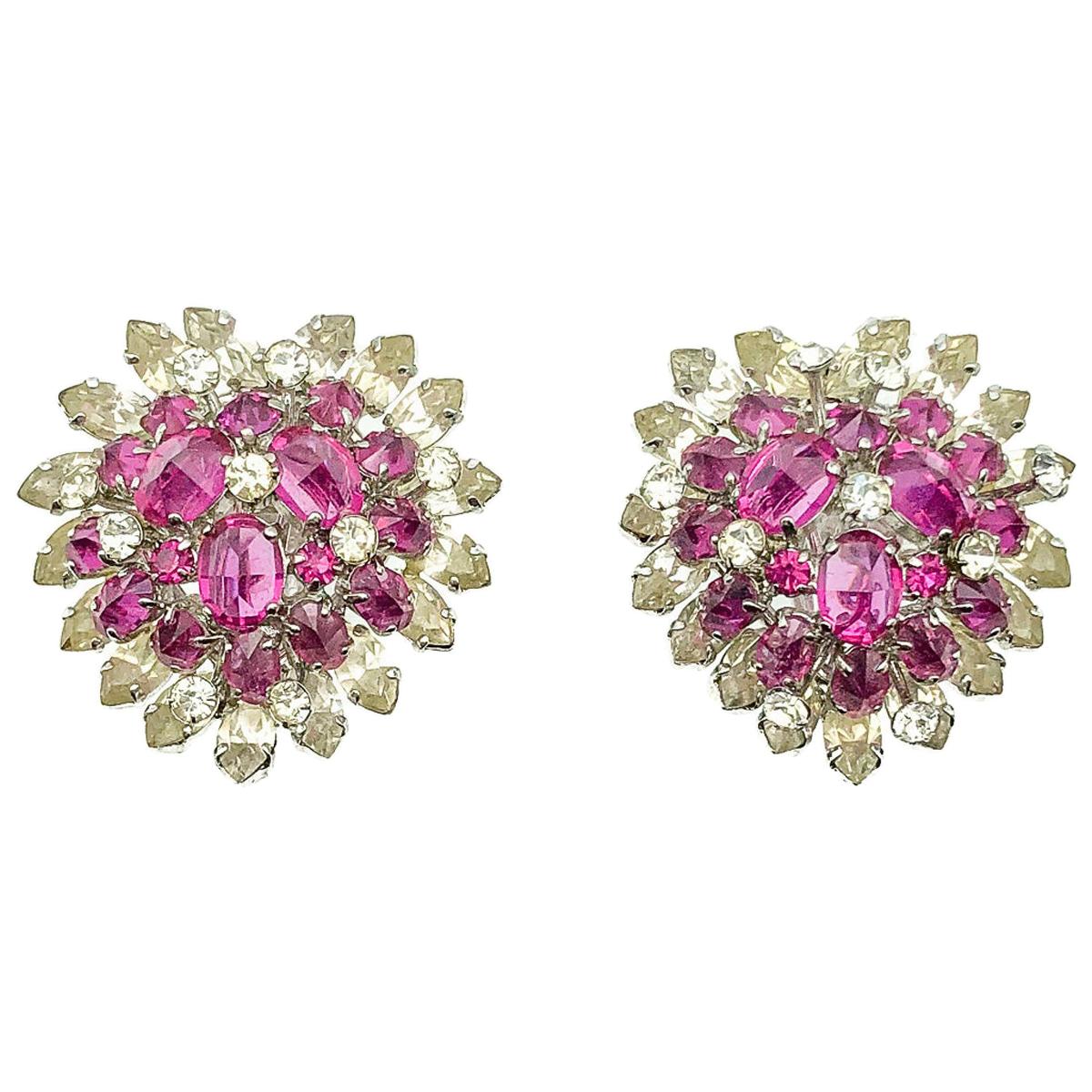 Vintage Christian Dior Fancy Cut Pink Crystal Heart Earrings 1968 For Sale