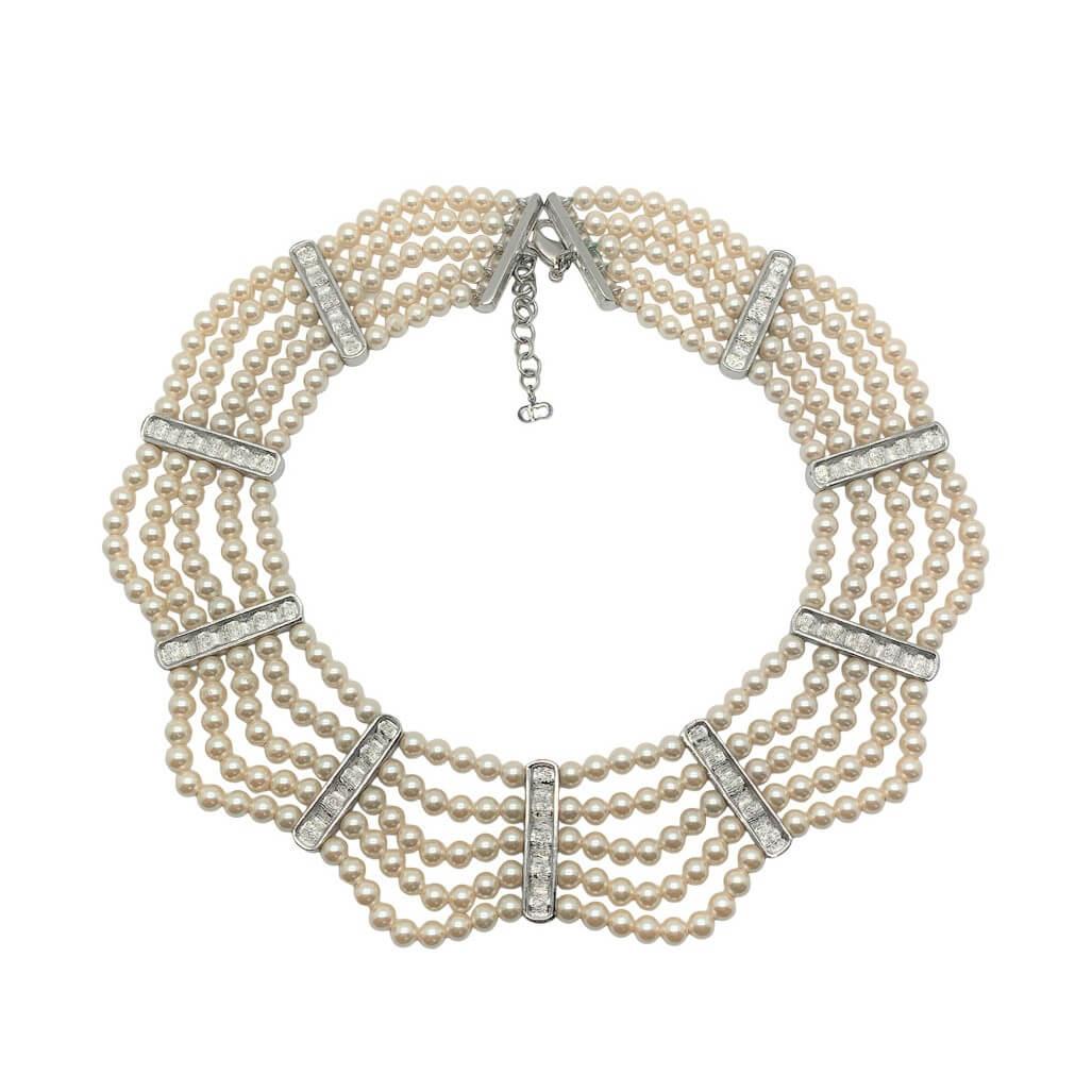 Christian Dior, collier vintage à cinq rangées de perles et de cristaux des années 1980 Unisexe en vente