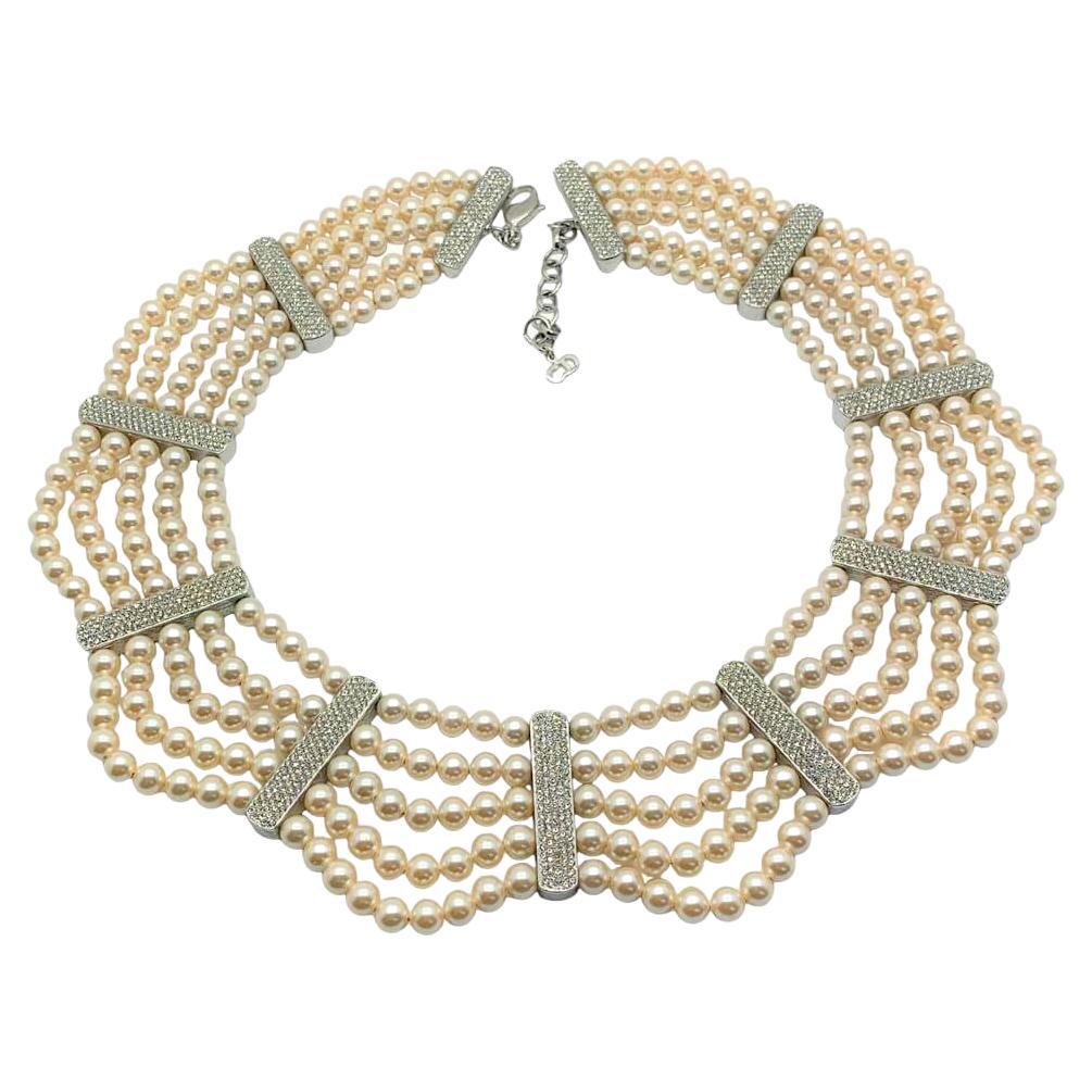 Vintage Christian Dior Five Row Pearl & Crystal Collar 1980s For Sale