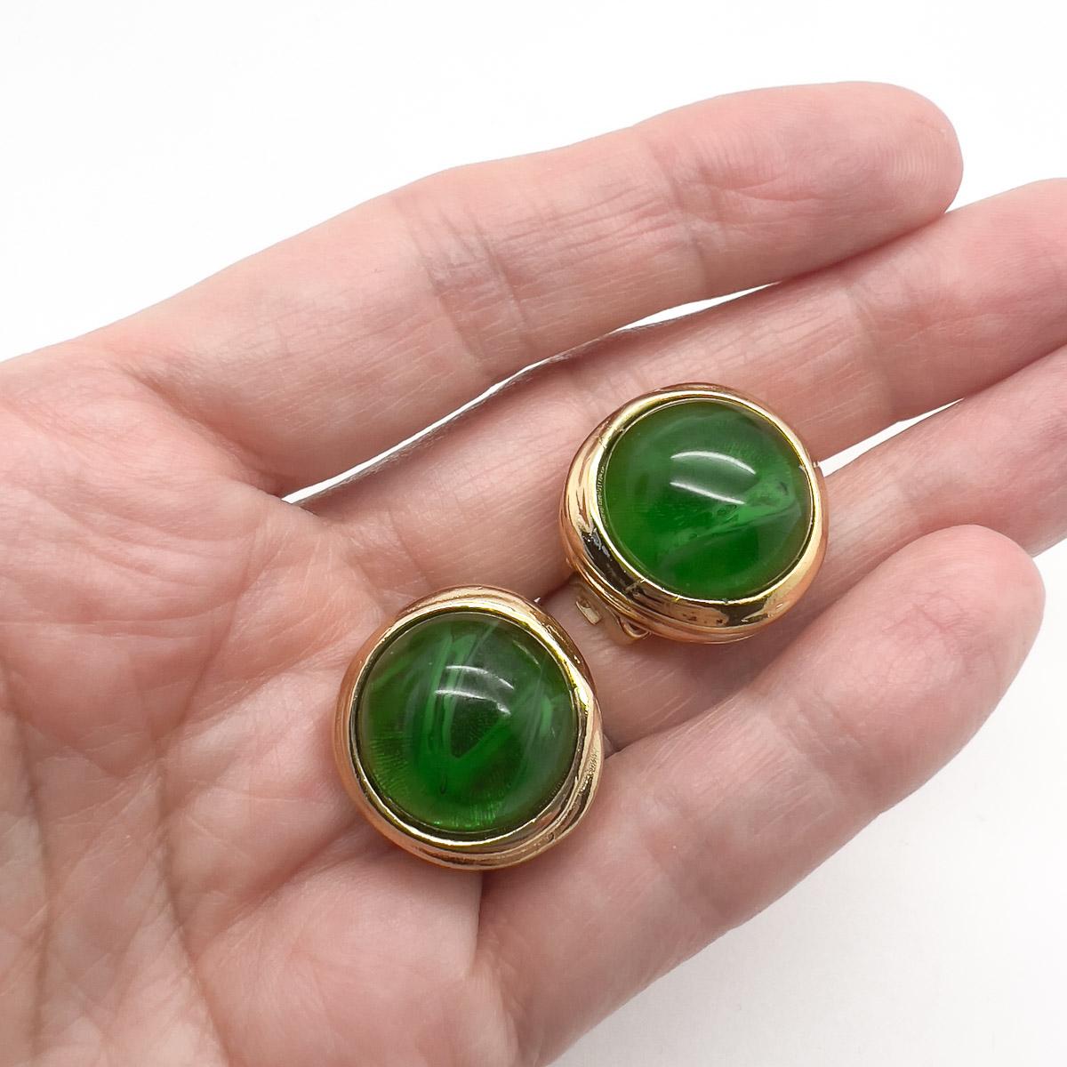 Vintage Christian Dior Flawed Emerald Glass Cabochon Earrings 1980s In Good Condition For Sale In Wilmslow, GB