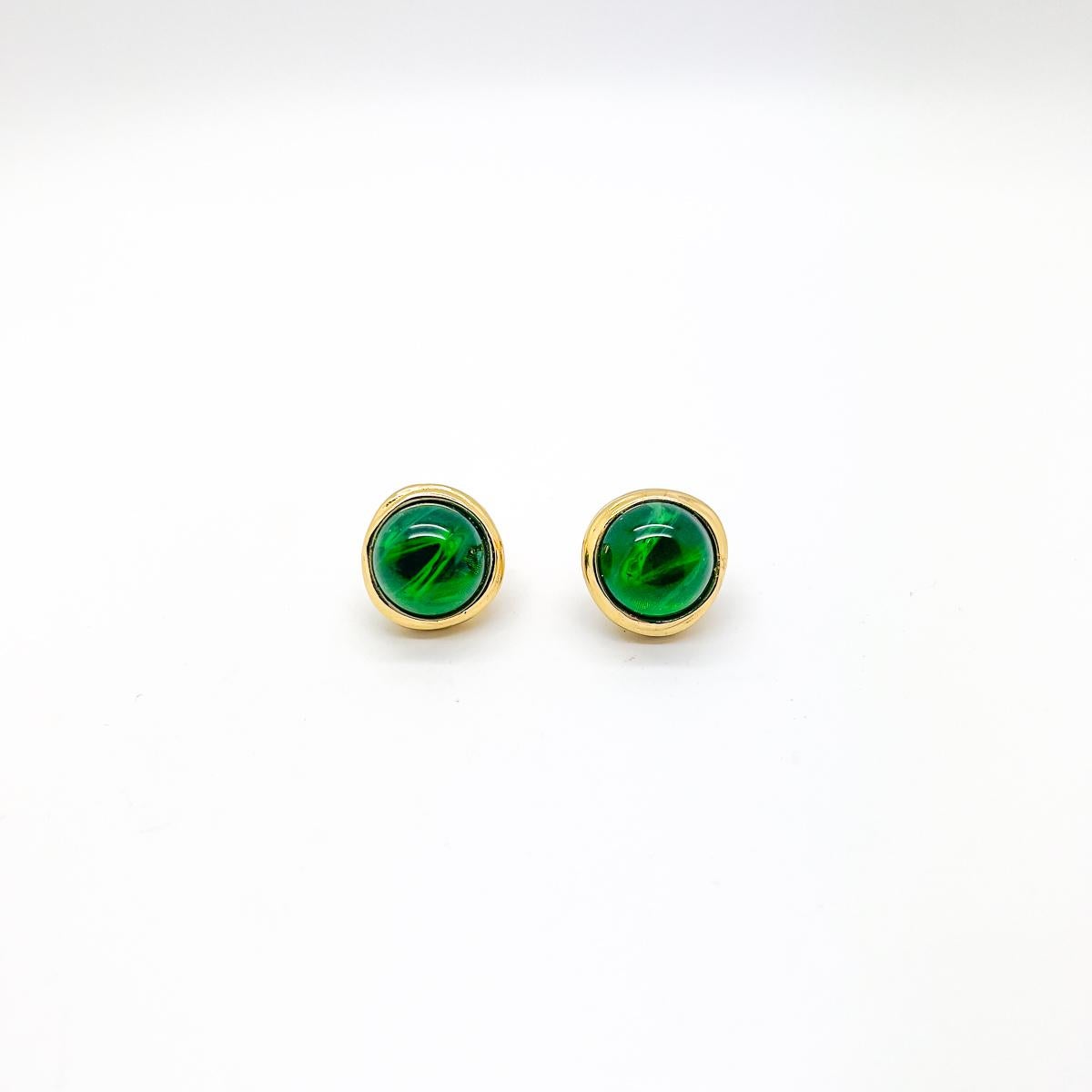 Women's Vintage Christian Dior Flawed Emerald Glass Cabochon Earrings 1980s For Sale