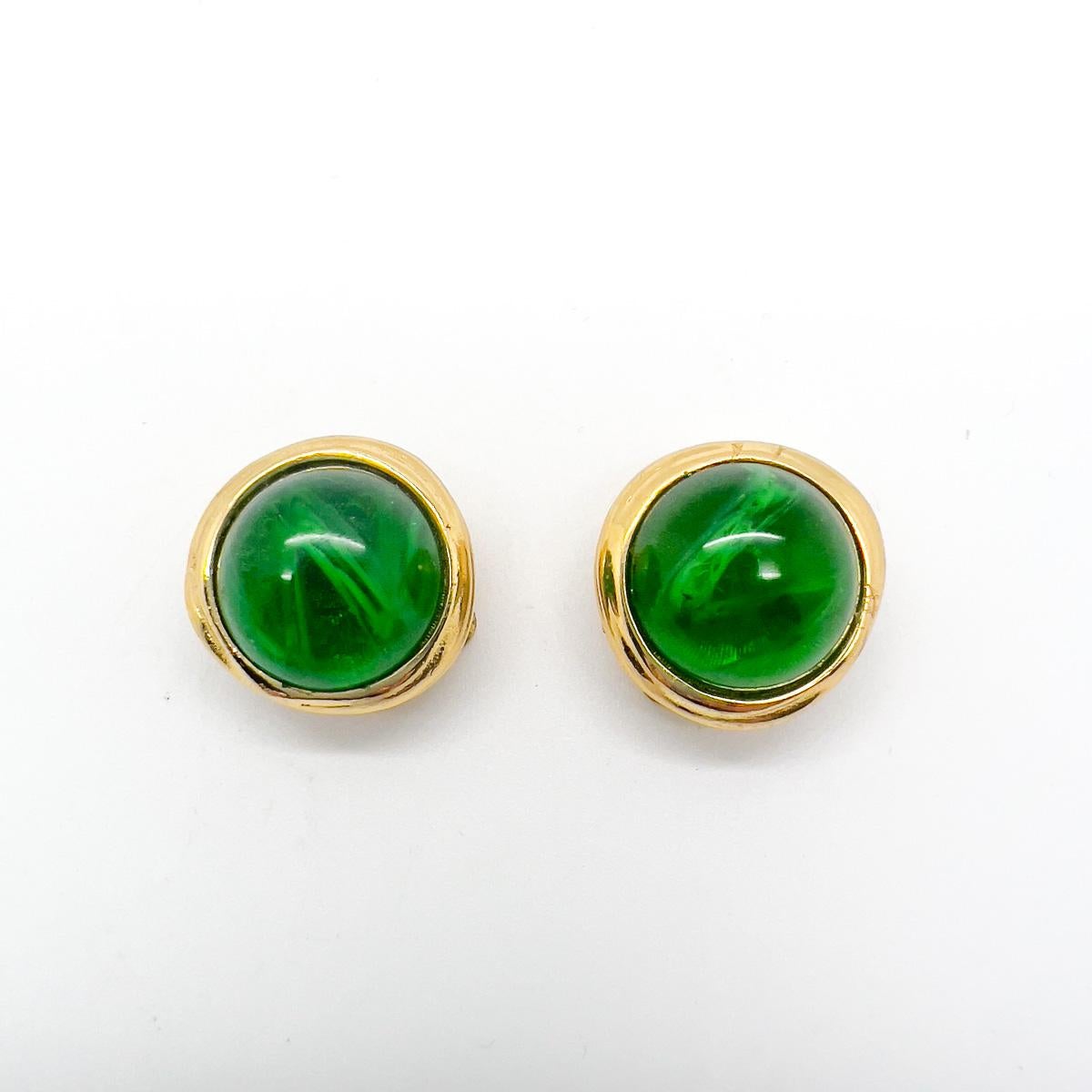 Vintage Christian Dior Flawed Emerald Glass Cabochon Earrings 1980s For Sale 1