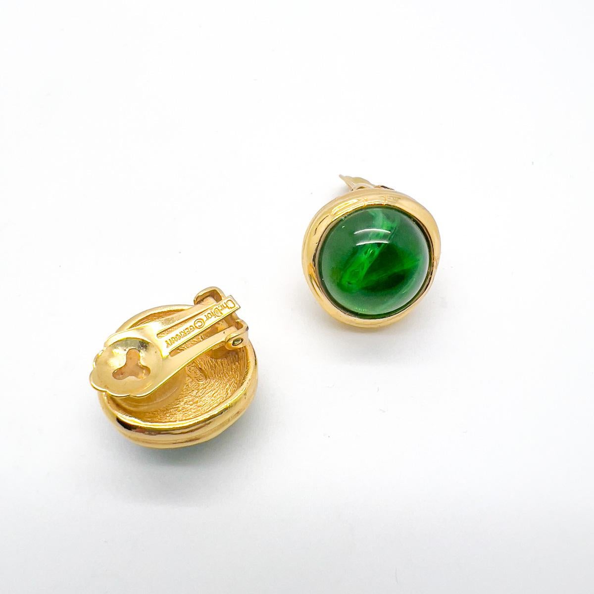 Vintage Christian Dior Flawed Emerald Glass Cabochon Earrings 1980s For Sale 2