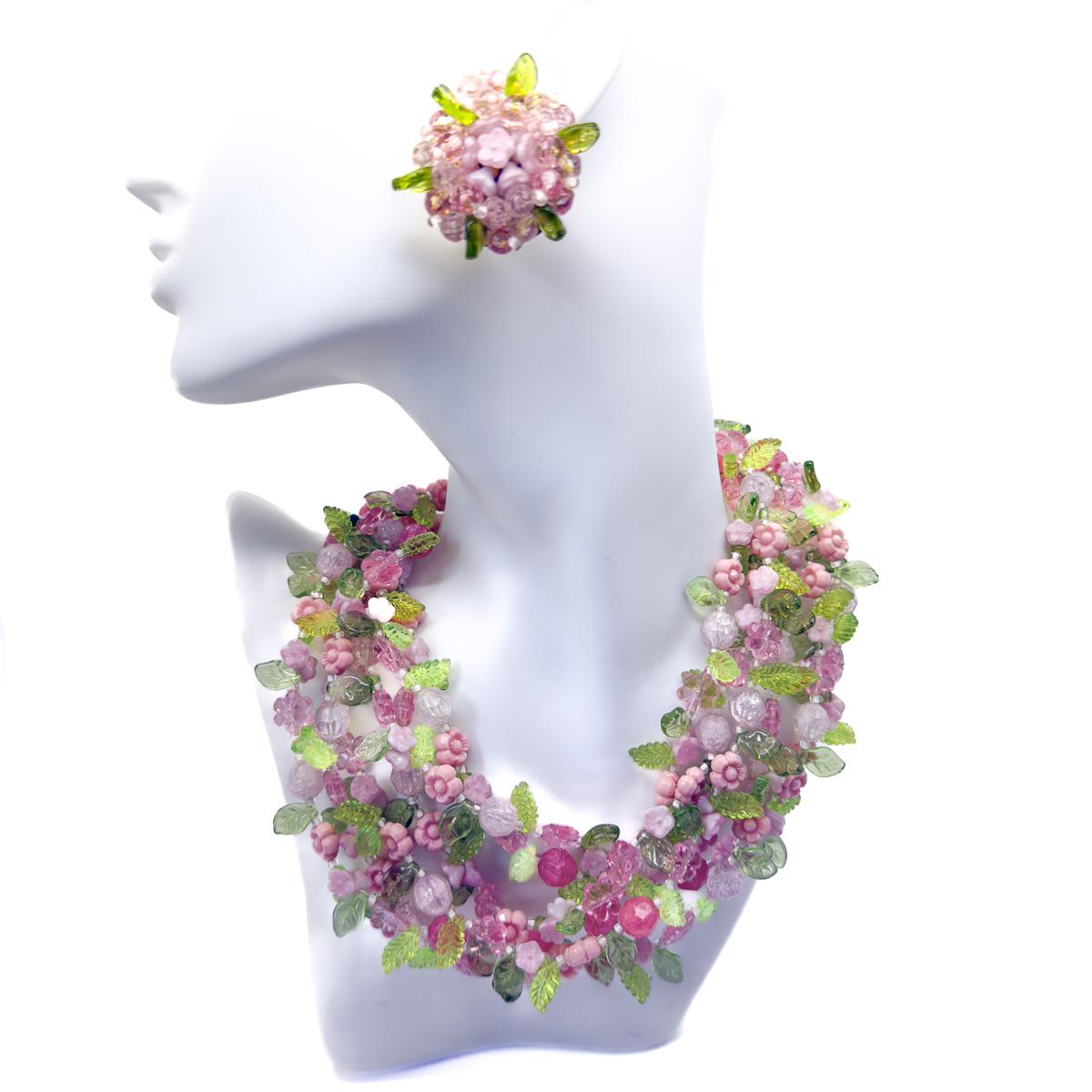 Vintage Christian Dior Floral Necklace & Earring Set 1967 In Good Condition For Sale In Wilmslow, GB