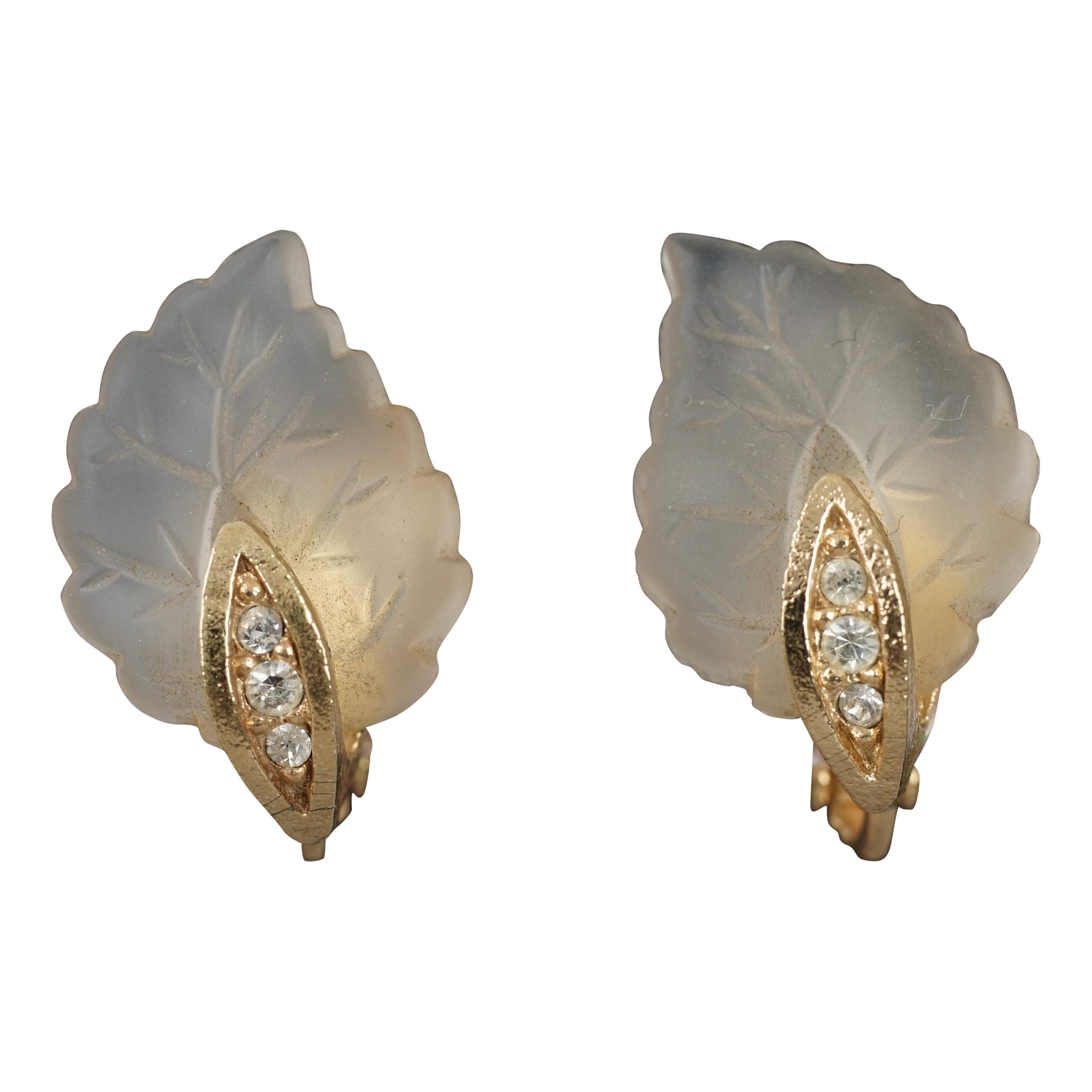 Vintage CHRISTIAN DIOR Frosted Glass Leaf Earrings For Sale