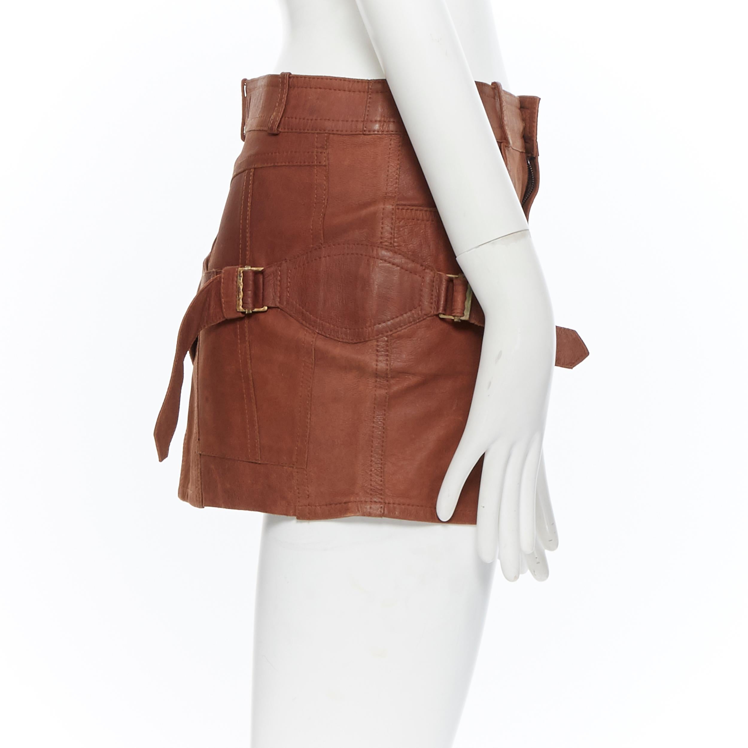 Brown vintage CHRISTIAN DIOR Galliano brown leather strappy buckle mini skirt FR38