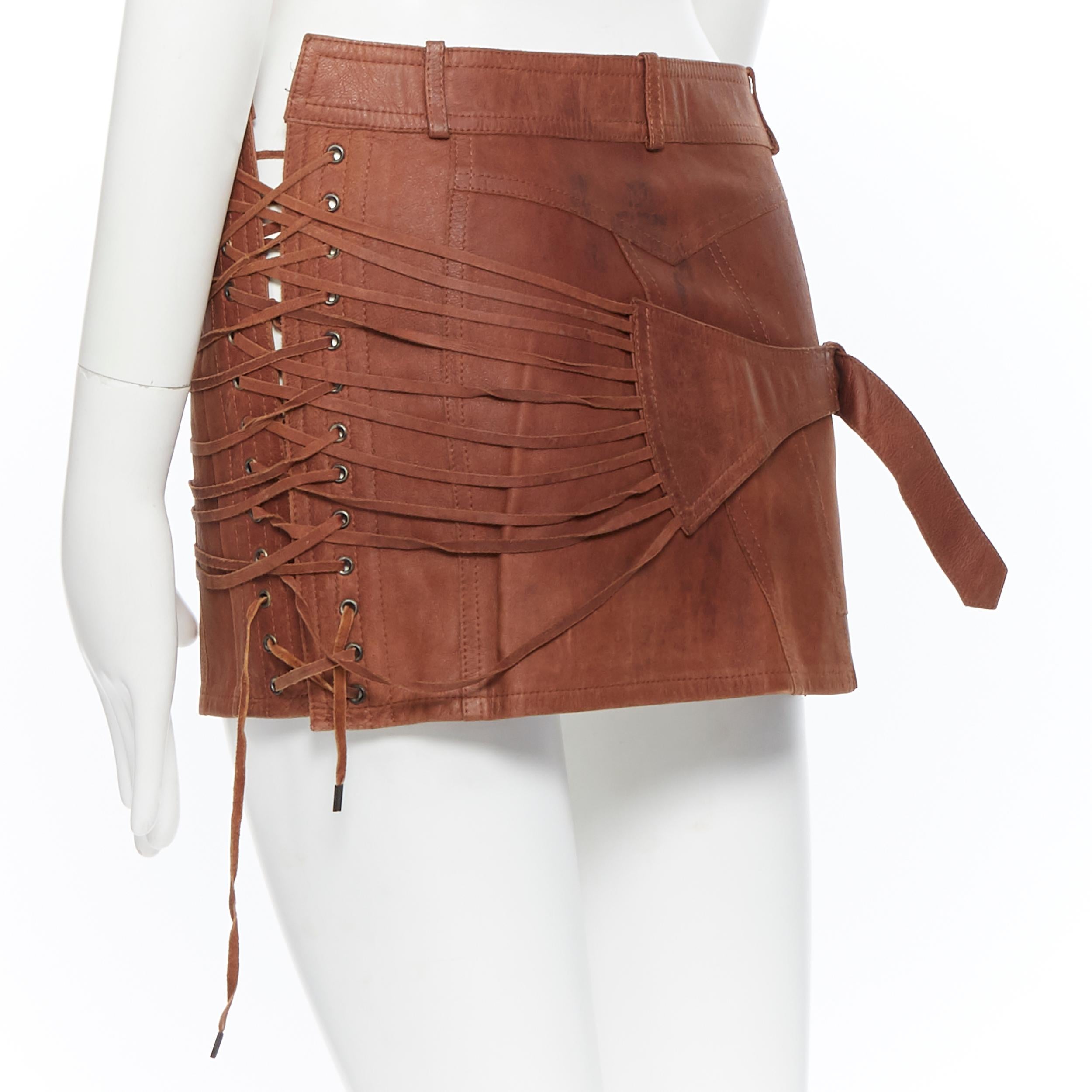 Women's vintage CHRISTIAN DIOR Galliano brown leather strappy buckle mini skirt FR38
