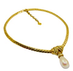 Vintage CHRISTIAN DIOR Germany gold chain crystal dangle pearl choker necklace